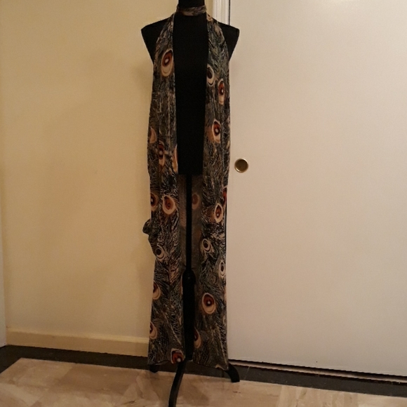👙🦚Peacock Print Swimsuit Cover/Robe W/ Belt Sz L - Picture 9 of 9